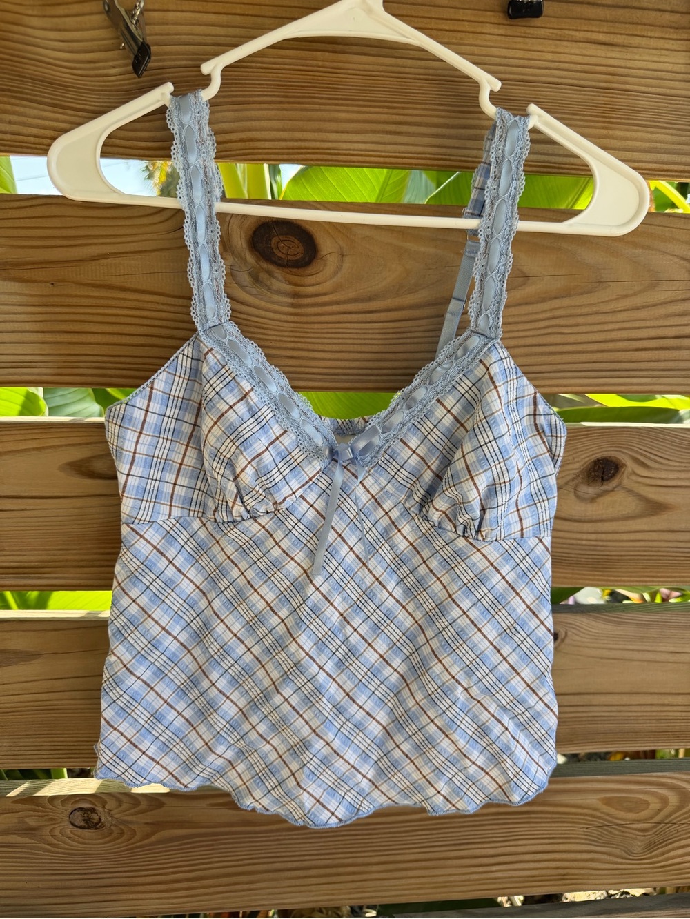 No Boundaries Light Blue Plaid Lace-Trim Cami